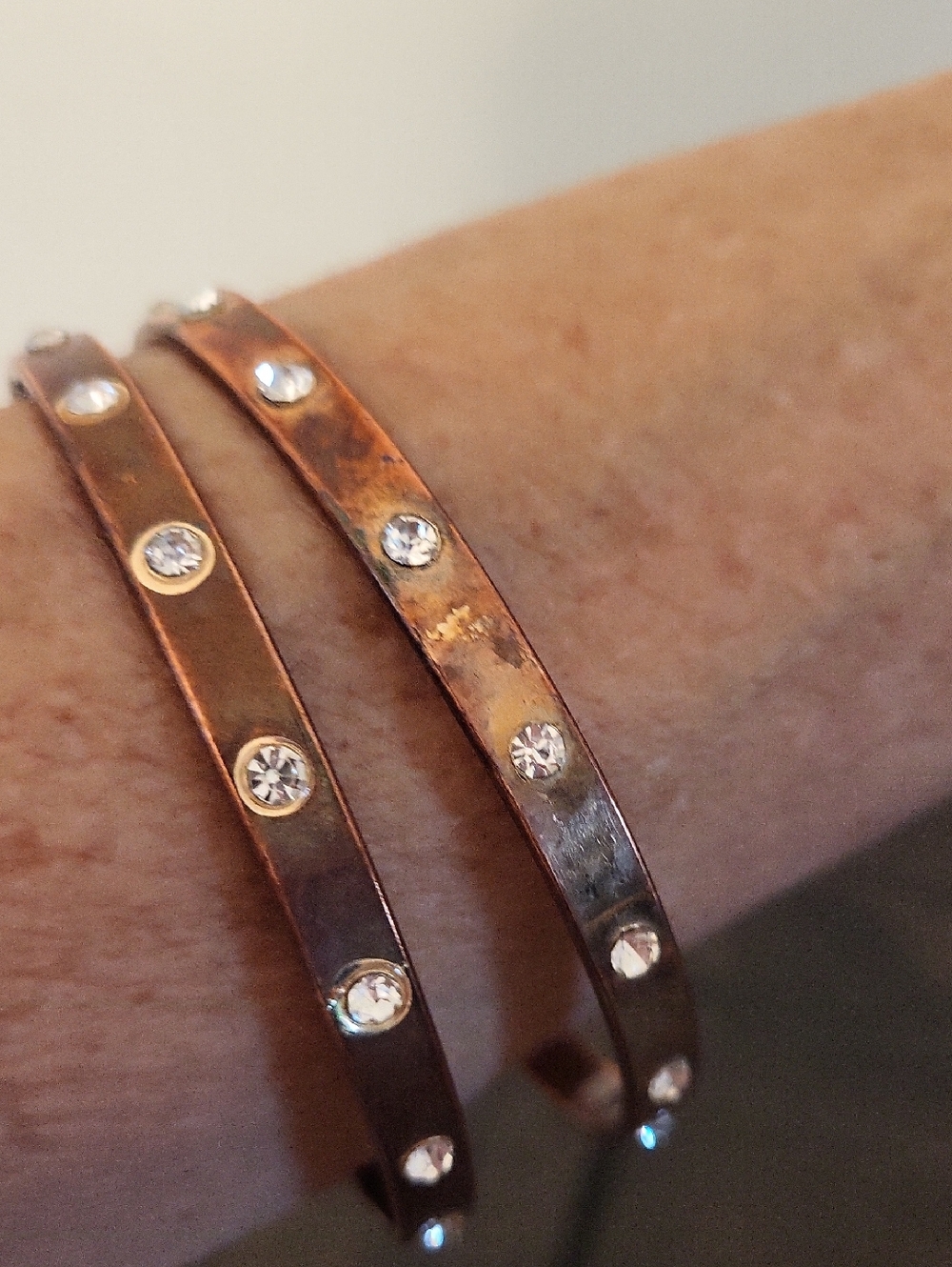 2 Rhinestone-Studded Copper Tone Bangle Bracelets - Picture 7 of 7